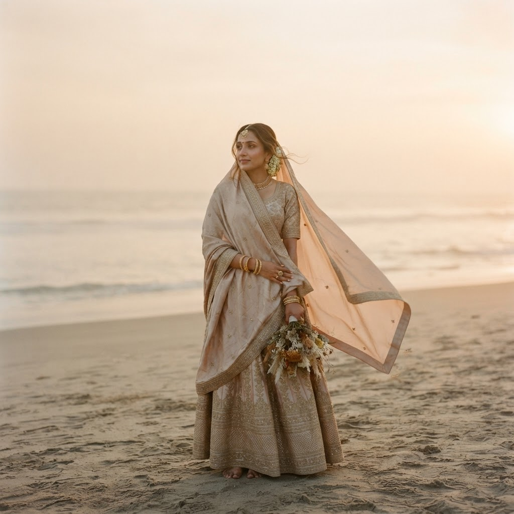 Bride by the sea at golden hour